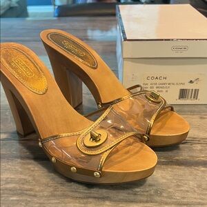 Coach Women's Metallic Bronze and Tan Wooden Heels